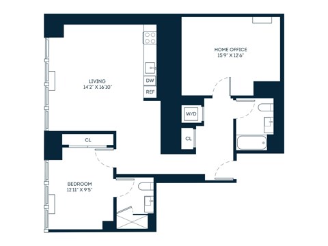 Floor plan for 1 bed, 2 baths, 1108 sqft